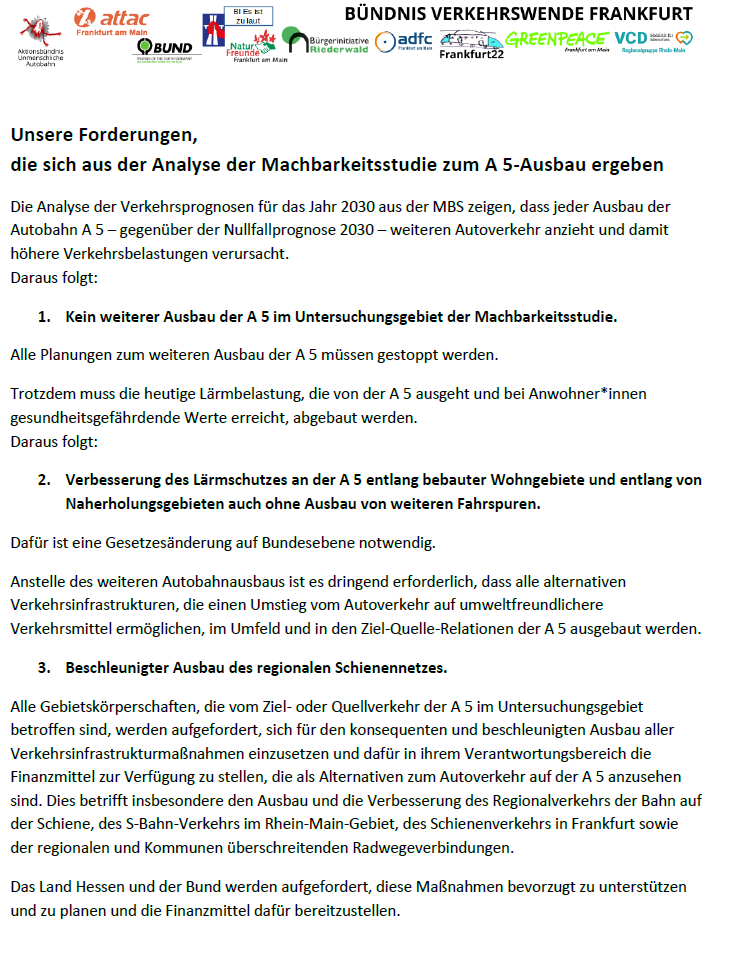 Forderungen des Aktionsbündnisses gegen den A5-Ausbau