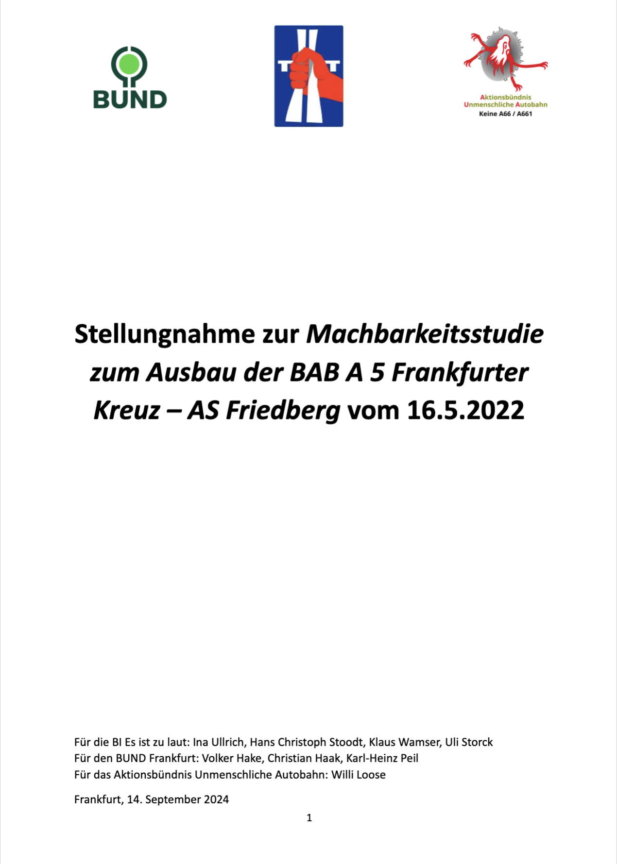Stellungnahme zur Machbarkeitsstudie der Autobahn GmbH